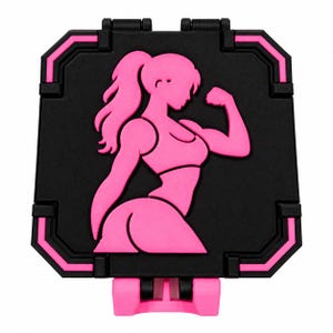 May include: A square black plastic case featuring a raised pink silhouette of a figure with a ponytail flexing an arm. The case has a pink border and a pink hinge mechanism at the bottom, with a textured matte finish on the black surfaces.