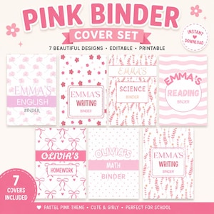 Könnte beinhalten: Ein Set aus sieben druckbaren Ordner-Deckblättern in Rosa und Weiß. Die Designs zeigen verschiedene Muster wie Blumen, Schleifen, Punkte und Blätter. Der Text auf den Deckblättern enthält Namen wie Emma und Olivia sowie Fächer wie English, Writing, Science, Reading, Homework und Math. Oben steht der Text PINK BINDER COVER SET.