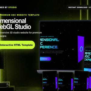 Puede incluir: Una visualización de producto digital con el texto Dimensional WebGL Studio y Premium UGC Website Template. El diseño incluye una pantalla grande y varios dispositivos móviles que muestran una interfaz oscura con acentos morados y verde neón.