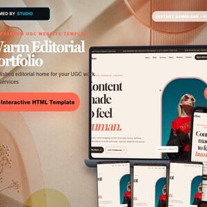 May include: A digital website template titled Warm Editorial Portfolio, featuring a laptop and smartphone displaying a beige and dark teal interface with the text Content made to feel human. The design includes a red-shirted figure in an archway.