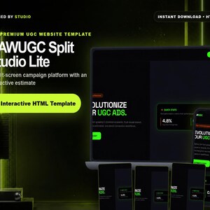 May include: A digital website template titled RAWUGC Split Studio Lite, featuring a dark interface with neon green accents. The layout displays a split-screen campaign platform with interactive elements, quick stats, and HTML code structure.