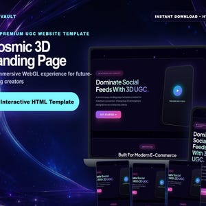 May include: A digital product display for a Cosmic 3D Landing Page website template. The dark purple interface features glowing text, including 'Dominate Social Feeds With 3D UGC' and 'Built For Modern E-Commerce', shown on a laptop and multiple mobile screens.