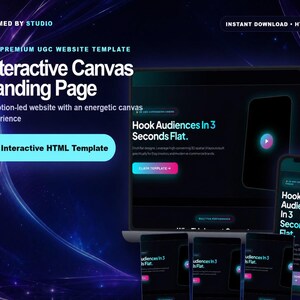 May include: A digital product display featuring the text Framed by Studio, Premium UGC Website Template, Interactive Canvas Landing Page, and Hook Audiences In 3 Seconds Flat. The design includes a laptop and smartphone showing a dark interface.