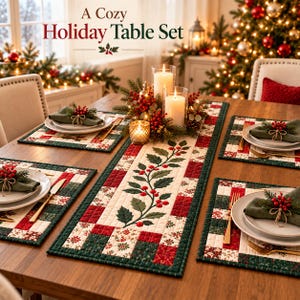 Pode incluir: Um conjunto de mesa festivo com um caminho de mesa acolchoado e quatro lugares americanos a condizer com um padrão de patchwork em vermelho, verde e creme. O caminho apresenta um motivo central de azevinho. Cada lugar inclui um prato e um guardanapo verde.