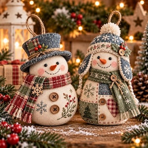 May include: Two fabric snowman ornaments featuring embroidered details. The left snowman wears a blue top hat and plaid scarf. The right snowman wears a blue earflap hat and green scarf with patchwork patterns, including a red heart and tree.