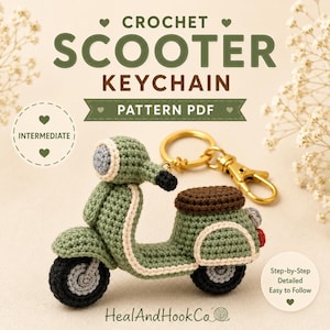 May include: A crochet scooter keychain pattern PDF featuring a sage green scooter with a dark brown seat, black wheels, and a gold-toned metal keyring. The text reads CROCHET SCOOTER KEYCHAIN PATTERN PDF, INTERMEDIATE, Step-by-Step Detailed Easy to Follow.