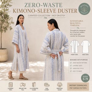 May include: A zero-waste kimono-sleeve duster sewing pattern featuring a light-colored fabric with vertical blue stripes. The design includes a long, open-front silhouette with side slits, a tie-waist belt, and wide sleeves. Includes front and back view diagrams.