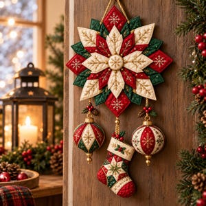 May include: A quilted fabric wall hanging featuring a large star-shaped poinsettia design in red, green, and cream. Two round ornaments and a small stocking hang from the star, all decorated with embroidered snowflakes and holly accents.