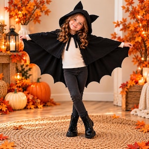 May include: A black bat-themed cape featuring a hood with pointed ears and scalloped wing-like edges. The cape is worn over a white long-sleeved shirt, dark gray jeans, and black boots, creating a dark, layered look for the garment.
