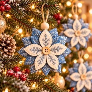 May include: A star-shaped Christmas ornament featuring layered blue and white fabric petals with embroidered snowflake patterns. The center is accented with a light-colored wooden button, and it hangs from a natural jute twine loop.