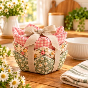 May include: A stack of three fabric bowl cozies tied together with a beige ribbon. The top cozy features a pink and white gingham pattern, the middle has a floral print on cream, and the bottom has a small white daisy print on green.
