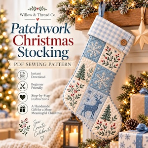 Nähanleitung für einen Weihnachtsstrumpf im Patchwork-Stil in Winterblau (PDF), gestepptes Weihnachtsstrumpf-Schnittmuster, Nähanleitung für Anfänger, digitaler Download