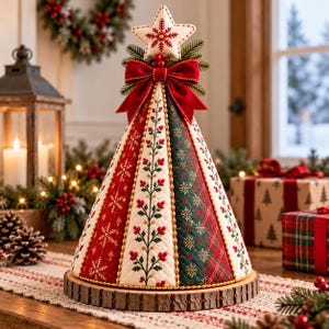 May include: A cone-shaped fabric Christmas tree decoration featuring quilted panels in red, white, and dark green with snowflake, berry, and plaid patterns. It is topped with a fabric star, a red velvet bow, and sits on a round wooden base.