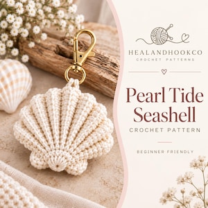 May include: A cream-colored crochet seashell keychain with a gold-tone metal lobster clasp. The text on the right reads HEALANDHOOKCO CROCHET PATTERNS, Pearl Tide Seashell, CROCHET PATTERN, and BEGINNER FRIENDLY, accompanied by a yarn ball icon.