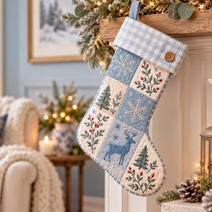 Puede incluir: Un calcetín navideño acolchado con un puño de cuadros vichy en azul claro y blanco con un botón de madera. El cuerpo presenta paneles cuadrados bordados con copos de nieve, abetos, ramas de bayas rojas y la silueta de un ciervo azul.