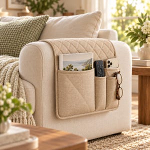 May include: A beige quilted sofa armrest organiser featuring multiple pockets draped over the side of a light-coloured couch. The organiser holds a book, a black remote control, a smartphone, and a pair of brown-rimmed spectacles.