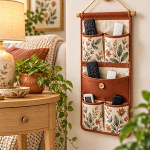 May include: A wall-mounted fabric organizer featuring a rust-colored top bar and trim with a hanging rope. It has five pockets, four of which display a cream background with a botanical floral print in rust and green, and one solid rust pocket.