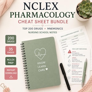 Pode incluir: Um caderno de espiral verde-sálvia com um gráfico de coração e linha de ECG em branco, com o texto 'KNOW LEARN CARE'. Ao lado, há folhas de estudo de enfermagem impressas intituladas 'DRUG CLASSIFICATION OVERVIEW' e 'HIGH-ALERT MEDICATIONS', duas canetas e uma suculenta.