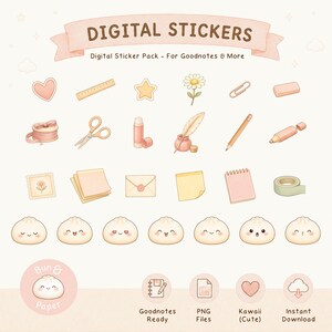 Puede incluir: Un paquete de pegatinas digitales con artículos de papelería como una regla, tijeras, lápiz y papel, junto a siete bollos redondos pequeños con diversas expresiones faciales. El texto dice DIGITAL STICKERS, Digital Sticker Pack - For Goodnotes & More, Bun & Paper, Goodnotes Ready, PNG Files, Kawaii (Cute) e Instant Download.