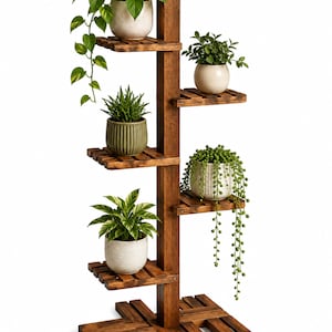May include: A tall, dark brown wooden plant stand with a central vertical post and six staggered horizontal shelves. The stand holds six potted plants, including a trailing pothos, a string of pearls, and various green foliage in ceramic pots.