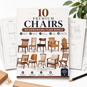 Può includere: Un pacchetto di piani di falegnameria digitale intitolato 10 Premium Chairs che presenta dieci distinti design di sedie, tra cui sedie da pranzo, poltrone e sedute da esterno, mostrati con schemi tecnici e istruzioni passo dopo passo.