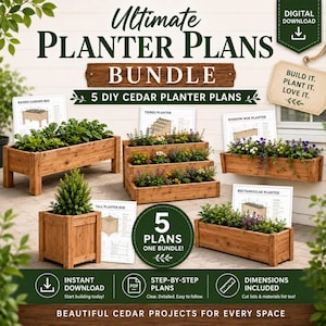 May include: A digital download bundle of 5 DIY cedar planter plans featuring a raised garden bed, tiered planter, window box, tall planter box, and rectangular planter. Includes step-by-step instructions, cut lists, and material dimensions.
