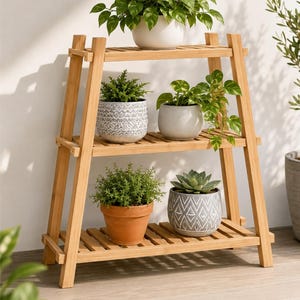 May include: A three-tiered bamboo plant stand with an A-frame design. The shelves hold five potted plants, including a trailing pothos in a white pot, two patterned gray ceramic pots, a terracotta pot, and a smooth white ceramic pot.