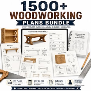 May include: A digital bundle of 1500+ woodworking plans featuring diagrams for a farmhouse dining table, wall shelf, outdoor bench, and base cabinet. Includes cut lists, step-by-step instructions, a saw, a pencil, and a metal ruler.