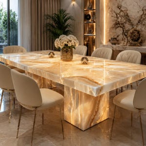 May include: A rectangular dining table with a polished, translucent amber-toned onyx stone top and a matching pedestal base, surrounded by six cream-coloured upholstered chairs with thin gold-toned metal legs and a vase of white flowers.