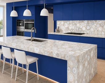 White Agate Kitchen Countertop | Luxury Gemstone Island, Custom Stone Decor