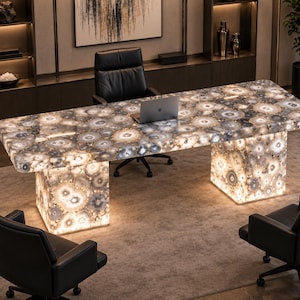 Handmade Natural Agate Office Table, Custom Gemstone Executive Desk, Modern Luxury Furniture