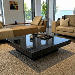 Handmade Black Stone Coffee Table, Natural Polished Square Top, Luxury Living Room Decor