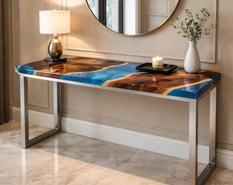 Blue Epoxy Resin Dining Table, Live Edge Wood Table, Handmade River Table, Luxury Custom Furniture, Table Top