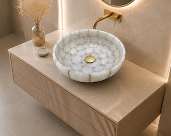 White Agate Vessel Sink, Handmade Natural Stone Bathroom Basin, Luxury Gemstone Wash Basin, Custom Vanity Sink, Made in India