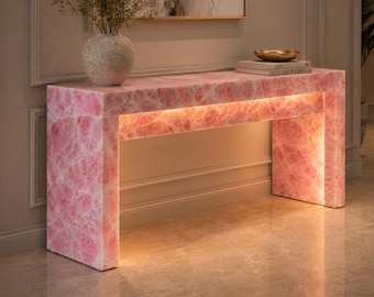 Handcrafted Rose Quartz Console Table, Luxury Modern Hallway Entryway Furniture
