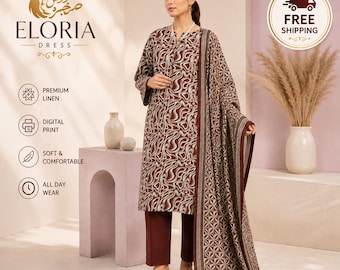 Linen 3 Piece Suit, Printed Kurta Dupatta Trousers, Modest Ethnic Outfit