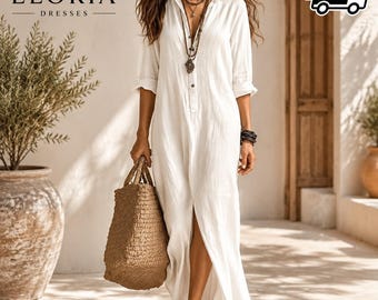 Cotton Linen Maxi Shirt Dress, Loose Boho Beach Cover-up, Long Sleeve Button Down