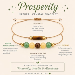 May include: Two adjustable cord bracelets featuring natural crystal beads. One bracelet has a cylindrical tiger eye bead flanked by gold-tone spheres. The other features green aventurine, citrine, and brown tiger eye beads with gold-tone accents.