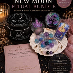 May include: A New Moon ritual bundle featuring a black candle tin labelled New Moon White Sage, a white shell dish holding blue and purple marbles and a beaded bracelet, three holographic stickers, and a New Moon Intentions card with text.
