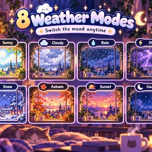 May include: A digital display featuring 8 Weather Modes with text labels: Sunny, Cloudy, Rain, Storm, Snow, Autumn, Sunset, and Clear Night. Each mode shows a window view of a town landscape. A sleeping cat and a coffee mug are in the foreground.