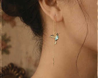 Gold Tone Hummingbird Threader Earrings, Blue Crystal Bird Jewelry