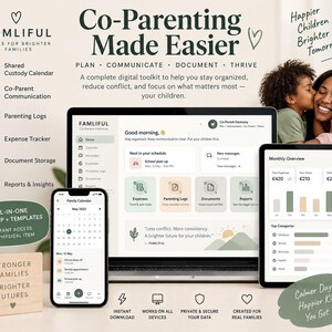 Op de afbeelding: Een digitale co-ouderschap toolkit getoond op een laptop, tablet en smartphone. De schermen tonen een dashboard met een kalender, onkostenoverzicht en logboeken. Tekst bevat "Co-Parenting Made Easier" en "Famliful" branding.