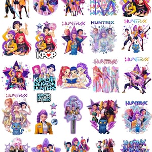 May include: A collection of digital illustrations featuring anime-style characters, some with purple hair, in various poses. Many designs include the text HUNTRIX or KPOP DEMON HUNTERS, star shapes, disco balls, and a blue cat character in vibrant colors.