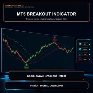 Puede incluir: Una pantalla digital que muestra el indicador MT5 Breakout con un gráfico de velas bursátiles, señales de compra y venta, y un panel de control con botones Buy, Tools, Exit y Sell. El texto dice Cosmicwavecharts y Cosmicwave Breakout Retest.