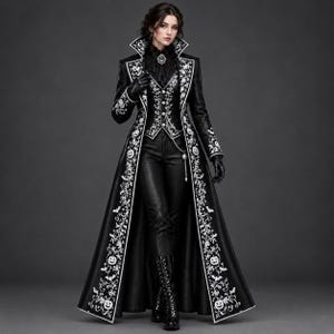 Könnte beinhalten: Ein schwarzer langer Mantel und eine passende Weste mit aufwendigen weißen Stickereien aus Ranken, Blättern und Kürbissen. Das Ensemble umfasst eine schwarze Hose, ein hochgeschlossenes Hemd mit Rüschenkragen, schwarze Handschuhe und Schnürstiefel.