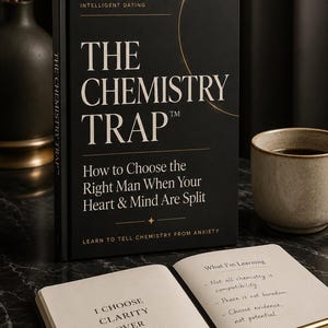 May include: A black hardcover book titled The Chemistry Trap with gold lettering, accompanied by an open journal featuring handwritten notes that read I Choose Clarity Over Confusion and What I'm Learning, alongside a gold pen and a ceramic mug.