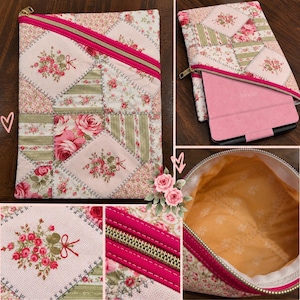 May include: A quilted fabric sleeve featuring a patchwork design of pink roses, green stripes, and floral patterns. It includes a diagonal hot pink zipper closure and a gold-toned zipper pull. The interior is lined with a solid yellow fabric.
