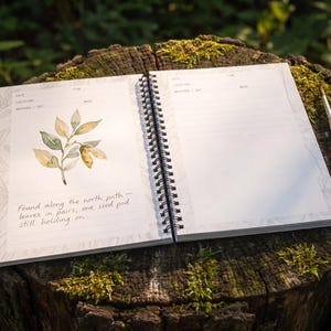 May include: An open spiral-bound journal with white lined pages featuring a watercolor illustration of a green and yellow leafy branch. The left page includes handwritten text: Found along the north path - leaves in pairs, one seed pod still holding on.