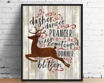 Reindeer Names PRINTABLE / Instant Download Holiday Art / Christmas mini poster / 8x10 or 8.5x11 Printable / #Christmas #Reindeer #HomeDecor