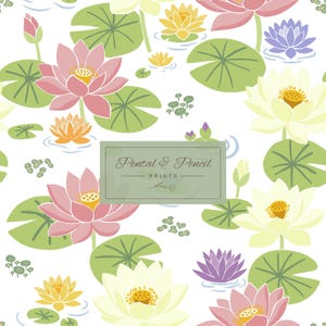 May include: A repeating pattern of colorful lotus flowers and green lily pads on a white background. The flowers are pink, yellow, and purple. A rectangular sage green label in the center displays the text Pental & Pencil PRINTS.